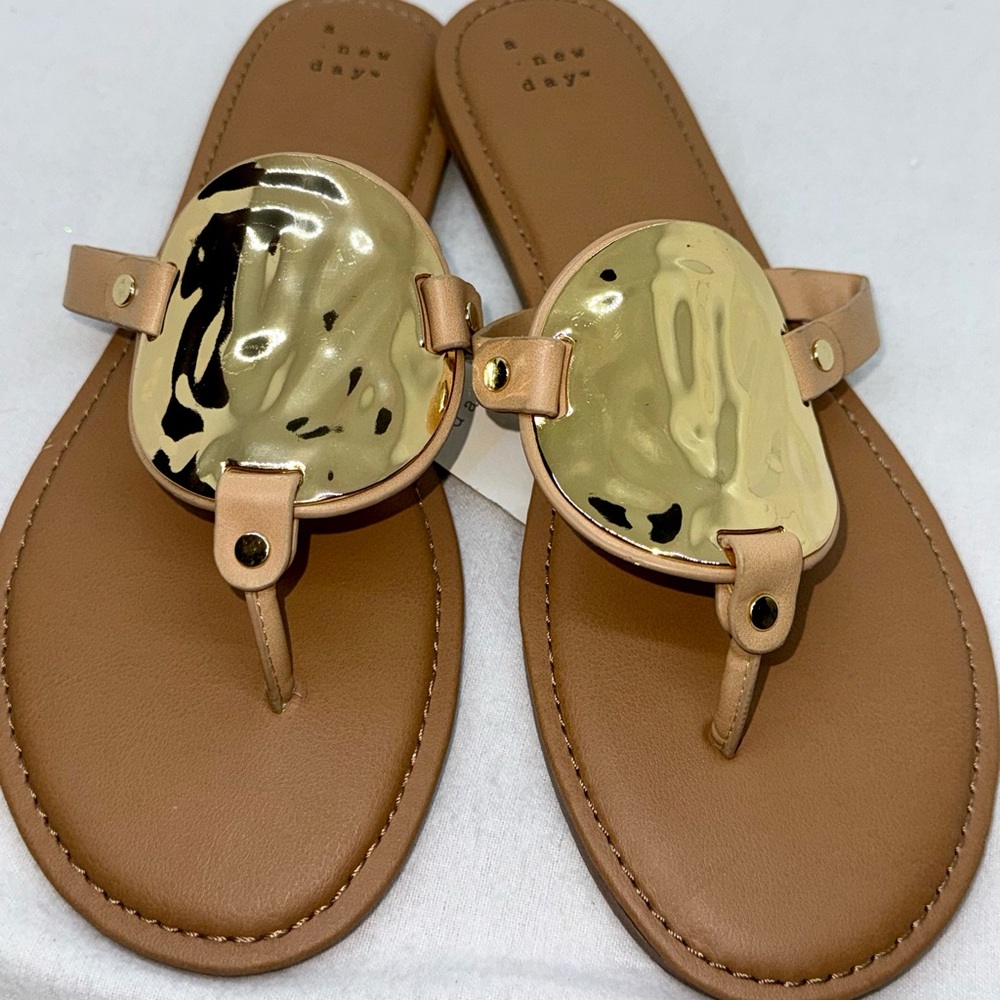 a new day Tan Sandals with Gold Medallion Accent Beach Trip Packable Tall Girl